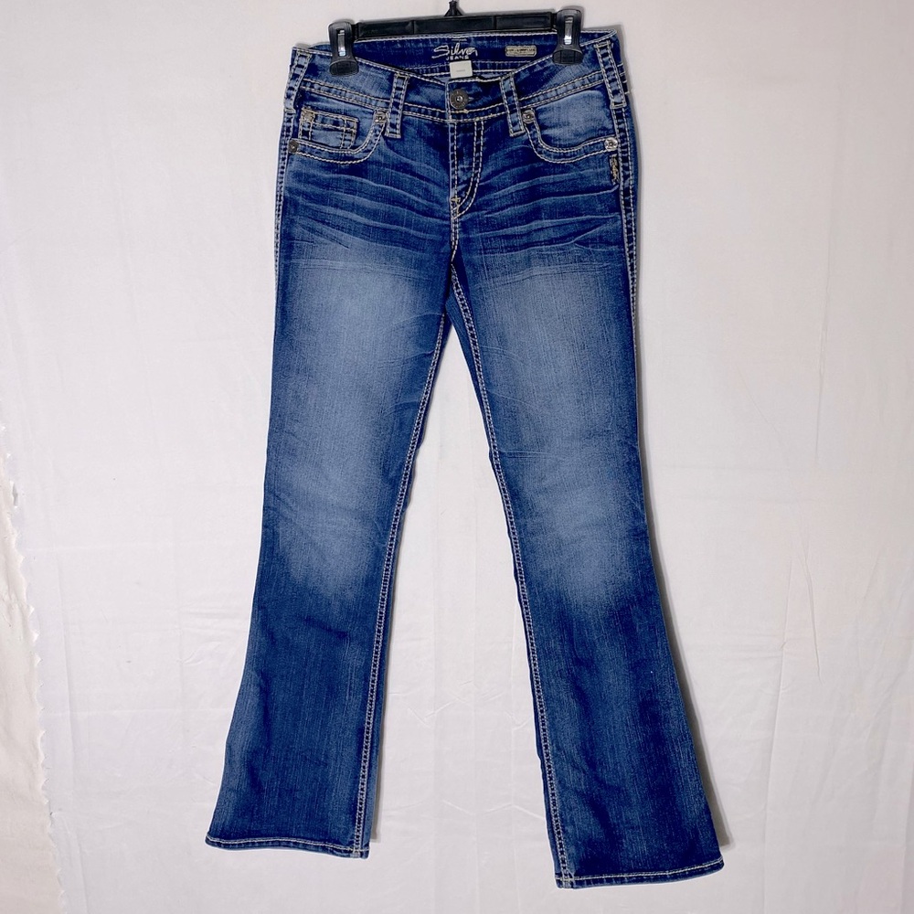 Vintage Silver Jeans Dark Wash Low Rise Tan Stitch Suki Surplus Bootcut Jeans 28